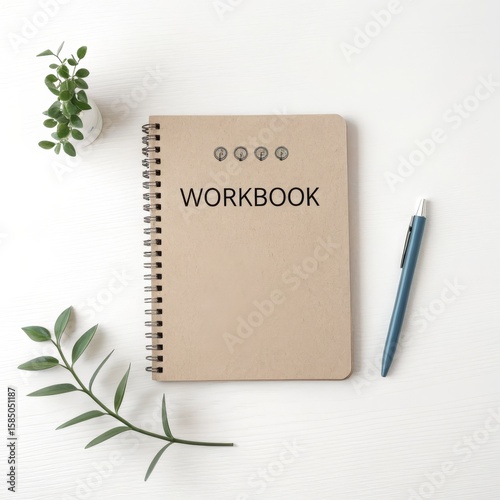Workbook on White Desk with Plants and Pen, study ,journaling