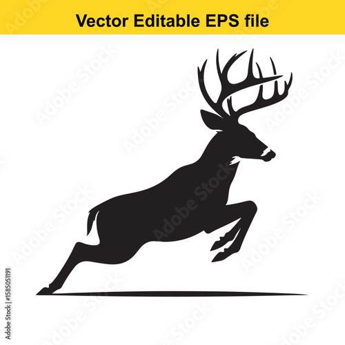 A deer silhouette leaps with large antlers