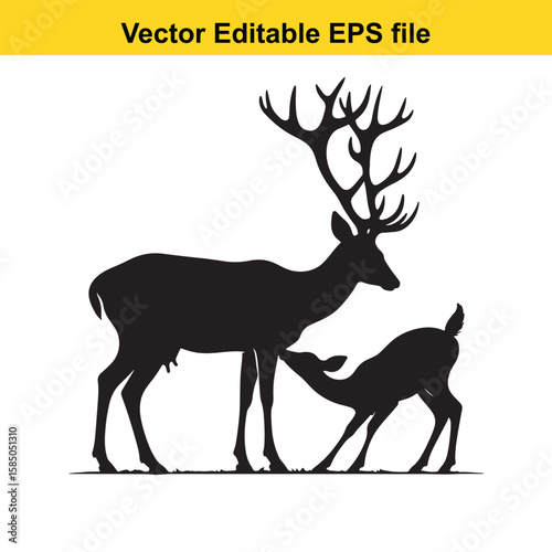 A stag and fawn silhouette in a loving pose