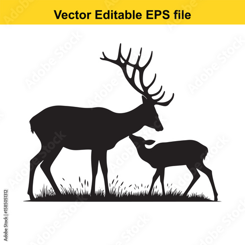 A stag and fawn silhouette in a grassy field