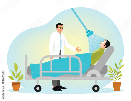 Light Therapy. Doctor Supporting Patient During Health Therapy Session in Medical Facility.