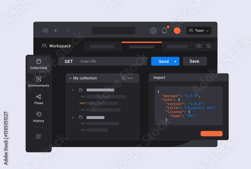 Interface of Platform for developers to design, build, test, and collaborate on API. Tool for sending api requests and see the responses. UI vector illustration