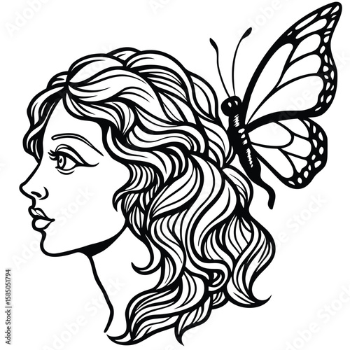 Vector art of a womans profile with flowing hair and a butterfly wing