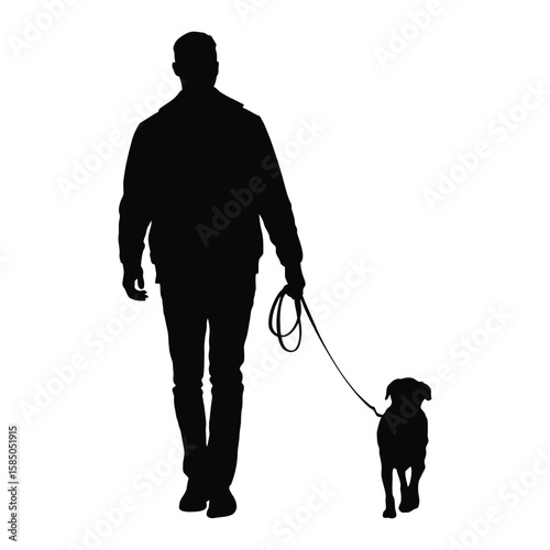Black vector silhouette illustration of a man walking his dog