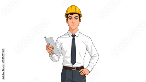 Illustration of a male construction manager wearing a white shirt, tie, and yellow hard hat while holding a document, representing professionalism and site supervision.