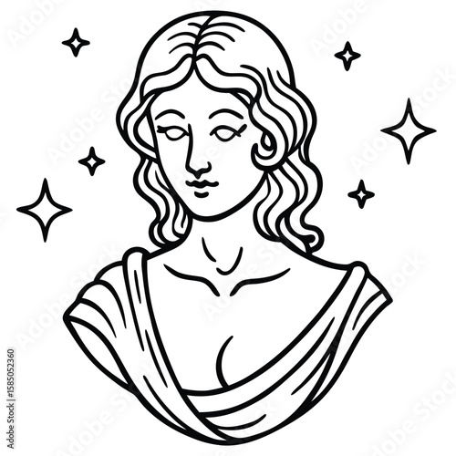 Vector art of elegant line art illustration of a classical goddess bust with stars