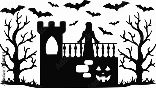 Silhouette of a ghostly figure on a castle balcony with bats and trees in a halloween scene design