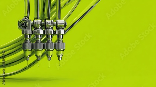 Precision dispensing system with chrome nozzles and green liquid, perfect for industrial applications, showcases modern technology and precision engineering in a vibrant setting.