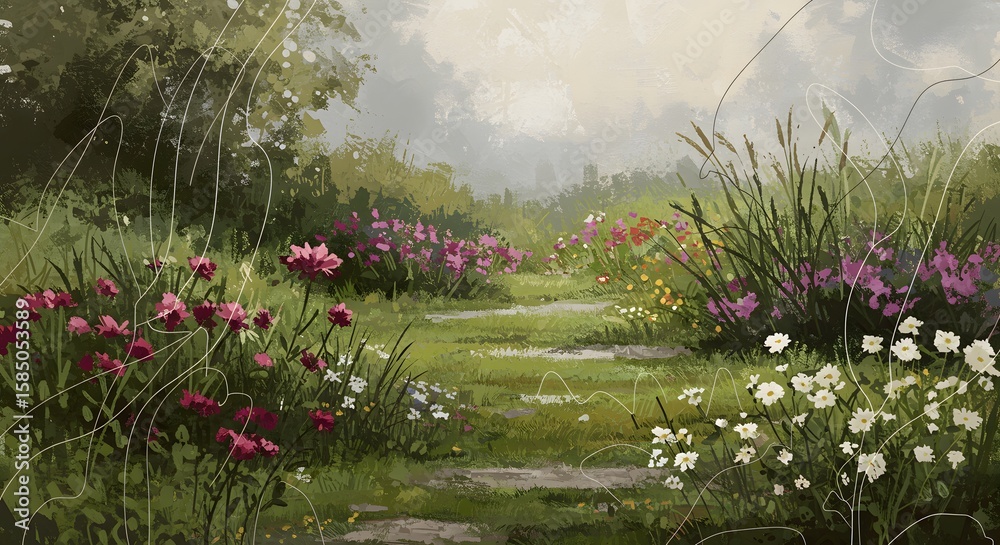 Fototapeta premium Serene Garden Pathway Surrounded By Colorful Flowers Beneath A Soft Misty Atmosphere