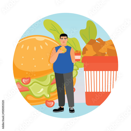 Overeating Addiction. Obese Man Enjoys Fast Food with Burger and Fries.