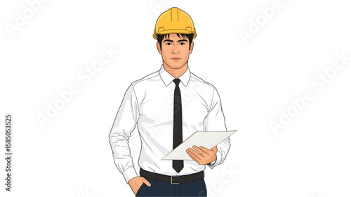 Illustration of a male construction manager wearing a white shirt, tie, and yellow hard hat while holding a document, representing professionalism and site supervision.