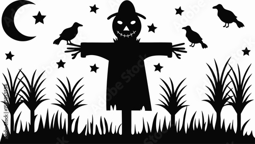 Silhouette of a scarecrow in a cornfield with crows, stars, and moon under a night sky scene