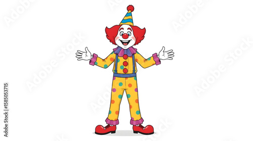 Colorful cartoon clown illustration with a big smile, wearing a polka-dot costume and party hat, perfect for children's entertainment and festive themes.