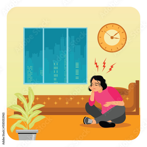 Sleep Behavior Disorder. Woman Experiencing Insomnia, Sitting in Living Room.