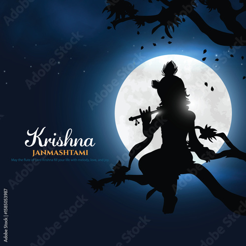 Indian dahi handi festival of Happy Janmashtami with lord Krishna silhouette. Creative Vector Illustration design