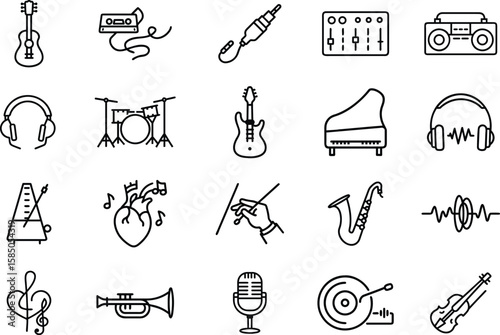 A collection of vector icons representing various music instruments and audio equipment. Includes guitar, piano, drums, saxophone, microphone, headphones, and more.