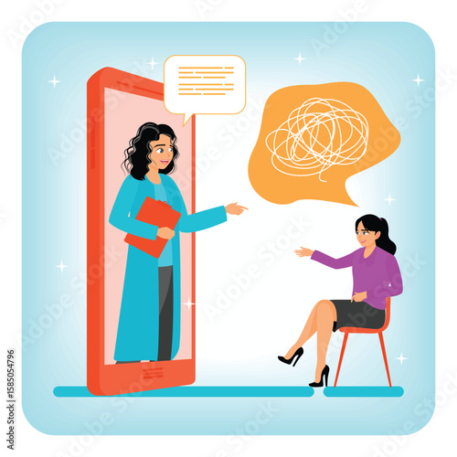 Online Therapy Session Concept Illustrating Virtual Psychologist for Mental Health Support.