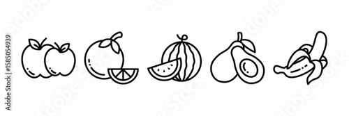 Healthy Food Icon Set Multiple Style Collection, Containing design Apple, Orange, Watermelon, Avocado, Banana