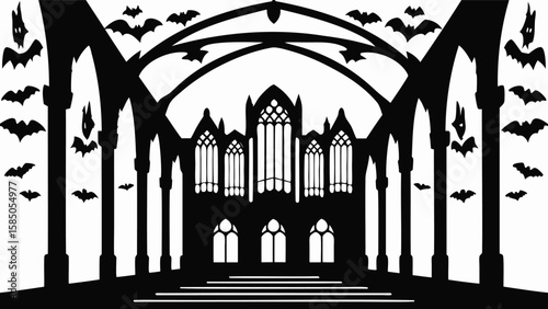 Silhouette of gothic cathedral interior with arched windows and flying bats is seen throughout