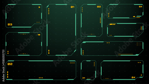 Set of green and yellow heads up display elements with futuristic interface design. Cyberpunk UI frame for modern technology and gaming concept.