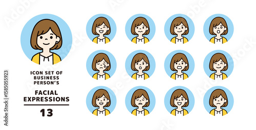 カジュアルな服装の若い女性の、様々な表情アイコン素材セット＿円形＿ベクター＿カラー