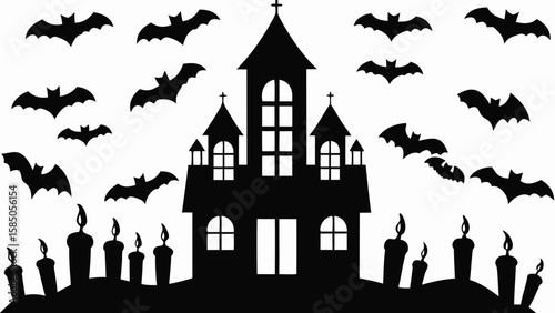 Silhouette of haunted house with bats flying around and candles lit for halloween night scene design