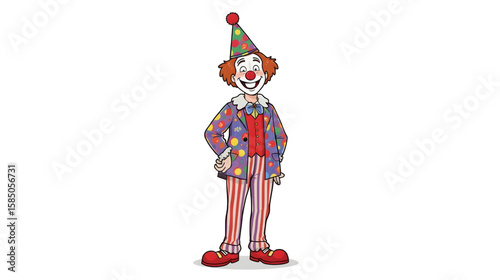 Colorful cartoon clown illustration with a big smile, wearing a polka-dot costume and party hat, perfect for children's entertainment and festive themes.