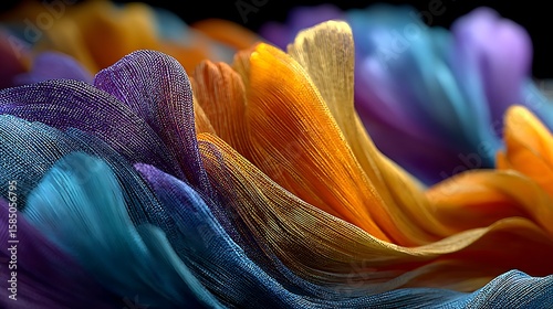 Abstract digital composition of colorful layered textiles in fluid motion with high contrast