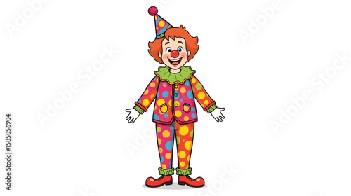 Colorful cartoon clown illustration with a big smile, wearing a polka-dot costume and party hat, perfect for children's entertainment and festive themes.