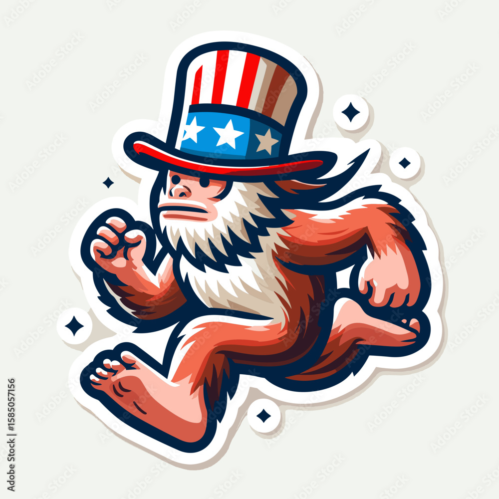 Fototapeta premium Bigfoot Running. Independence Day 4th of July American Flag Cute Cartoon Mascot Clipart Line Art Vector Illustration. Sasquatch locomotion cryptid movement big primate sprinting forest.