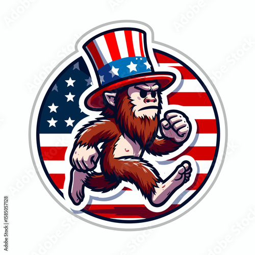 Bigfoot Running. Independence Day 4th of July American Flag Cute Cartoon Mascot Clipart Line Art Vector Illustration. Sasquatch locomotion a wild beast moving quickly on foot cryptid jog.