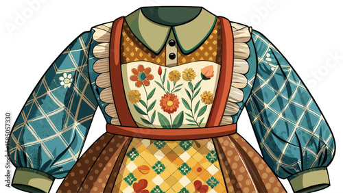 Appalachian folk dress with quilted apron, cotton layers, and floral print speaks of rural life and tradition, fitting a cozy, earthy vector visual with heritage textures.