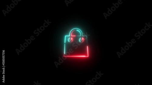 Glowing neon line shopping bag icon seamless looped animation with cyan and red color. 4k