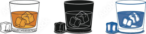 Three drink variations showing a glass of amber whiskey with ice cubes, a black silhouette, and blue tinted water.