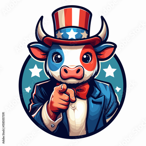 Cow. Independence Day 4th of July American Flag Cute Cartoon Mascot Clipart Line Art Vector Illustration. Bovine a farm mammal dairy producer grazing on pasture land forage.