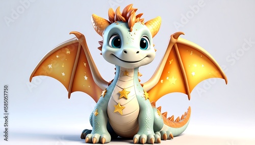 Cute cartoon dragon, light blue, orange