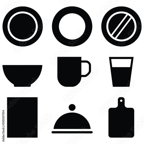 Kitchenware icons black and white plate bowl