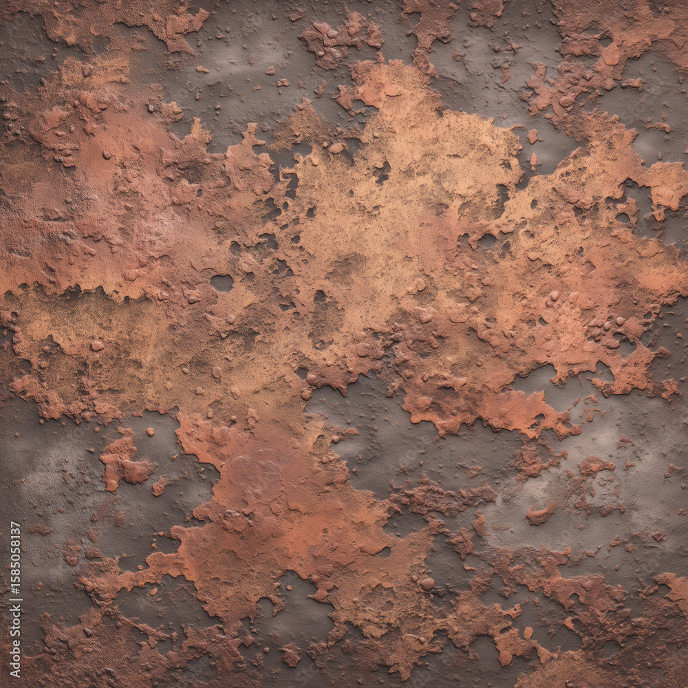 Fototapeta premium Close up of a heavily textured and corroded surface with rust and peeling paint in shades of brown