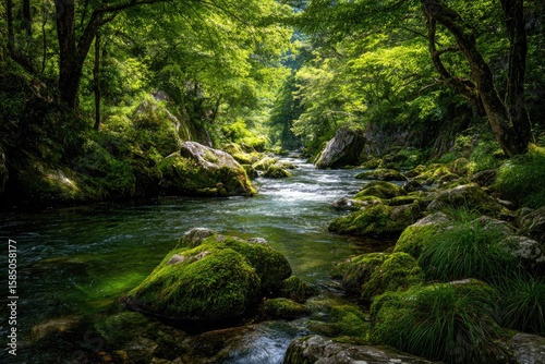 Sun-dappled stream flows through lush, mossy ravine;  large rocks and vibrant green foliage line banks