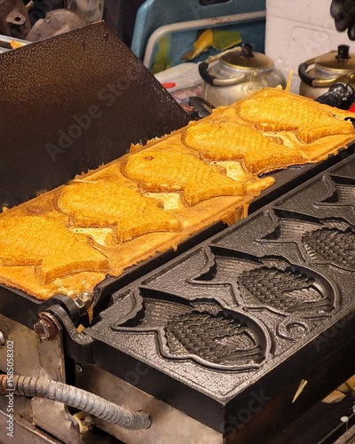 Bungeoppang, bungeo-ppang (Korean Fish Shaped Pastry), popular snack, cookies, sweet in winter streets of Korea. Bungeoppang (붕어빵) - Korean traditional national food, dish, cuisine. Japanese taiyaki