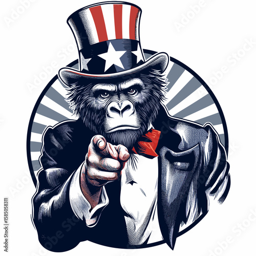 Gorilla. Independence Day 4th of July American Flag Cute Cartoon Mascot Clipart Line Art Vector Illustration. Great ape robust primate powerful mammal wildlife viewing adventure.