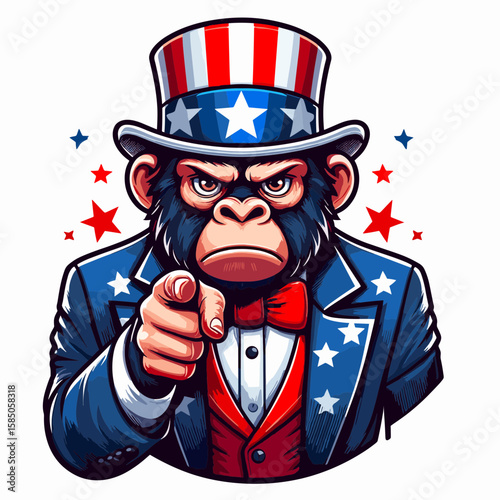 Gorilla. Independence Day 4th of July American Flag Cute Cartoon Mascot Clipart Line Art Vector Illustration. Great ape a massive primate powerful creature the african jungle.