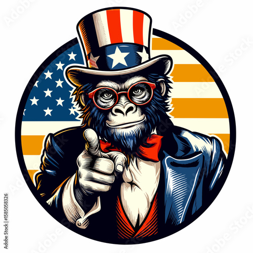 Gorilla. Independence Day 4th of July American Flag Cute Cartoon Mascot Clipart Line Art Vector Illustration. Large primate info ape type habitat details strong mammal traits nature.