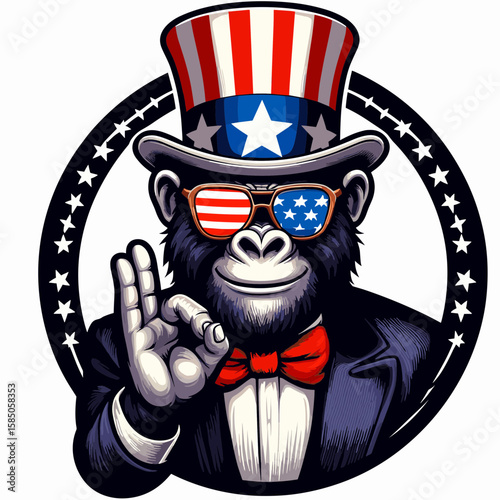 Gorilla. Independence Day 4th of July American Flag Cute Cartoon Mascot Clipart Line Art Vector Illustration. Great ape understand primate type big mammal wildlife protection giant beast.