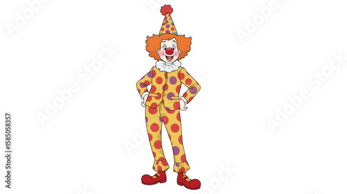Colorful cartoon clown illustration with a big smile, wearing a polka-dot costume and party hat, perfect for children's entertainment and festive themes.