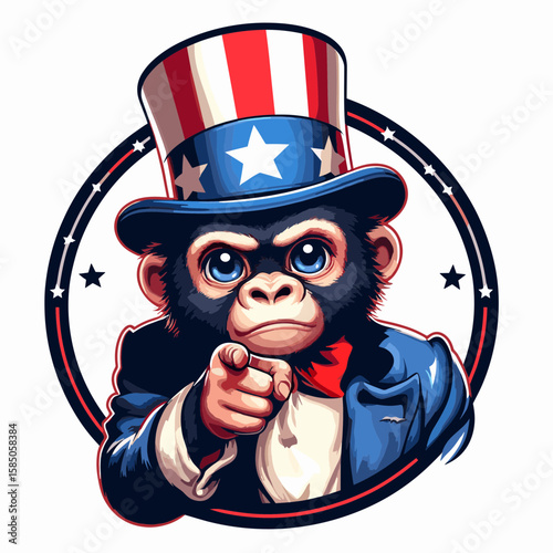 Gorilla. Independence Day 4th of July American Flag Cute Cartoon Mascot Clipart Line Art Vector Illustration. Great ape observation a natural habitat examination primate creature.