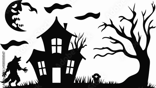 Silhouette of haunted house with werewolf, moon, clouds, tombstone and bare tree on a spooky halloween night