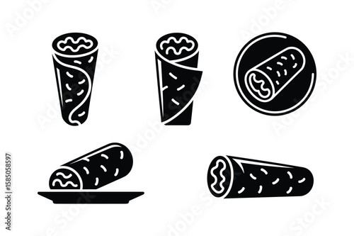 Black silhouette wraps with filling on white background burrito food