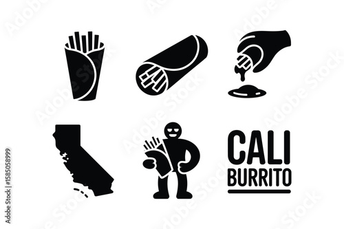 California burrito icons with french fries and dipping sauce food