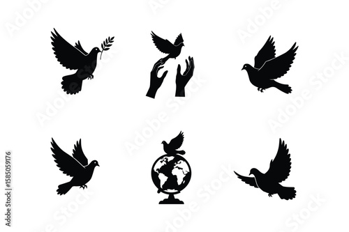 Dove silhouettes carrying olive branch flying around globe and hands pigeon bird